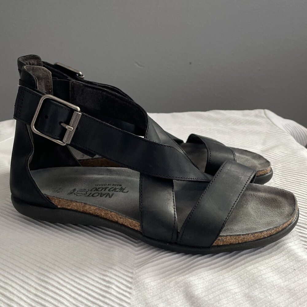 Naot Rianna Black/Coal Leather Cross Strap Buckle Sandals - Size 36